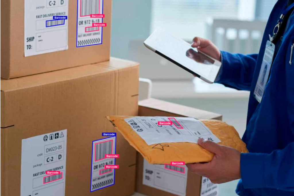 Cars and other vehicles are driving on a divided highway, each enclosed with red bounding boxes representing AI-based vehicle detection and annotation for computer vision training.